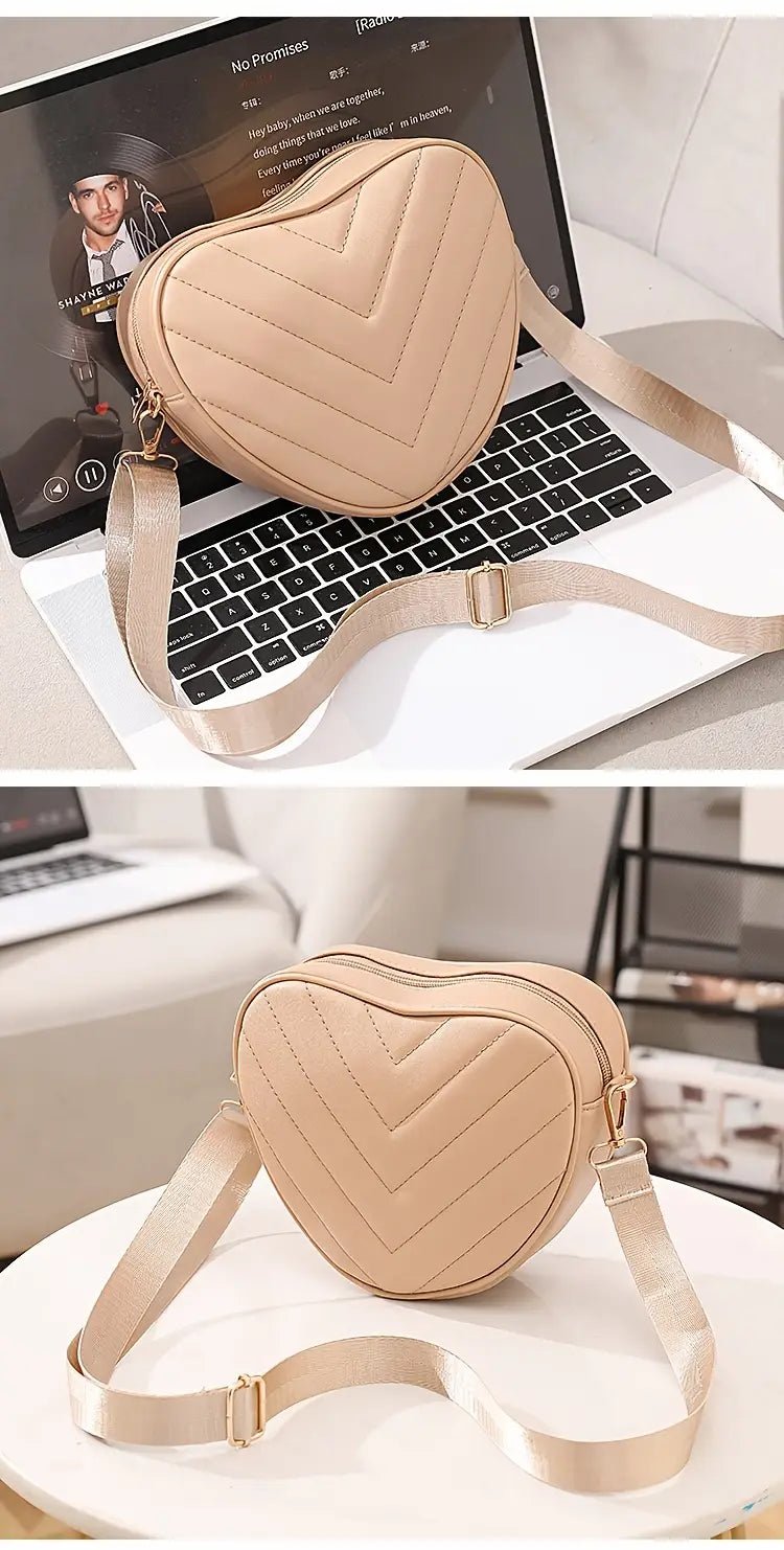 Khaki Heart-Shaped Quilted Crossbody Bag