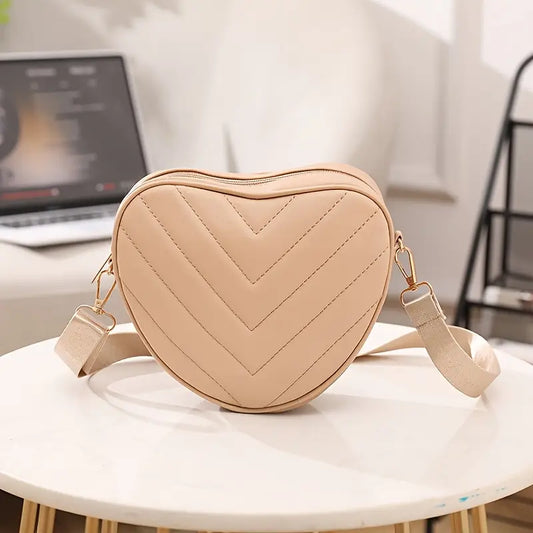 Khaki Heart-Shaped Quilted Crossbody Bag