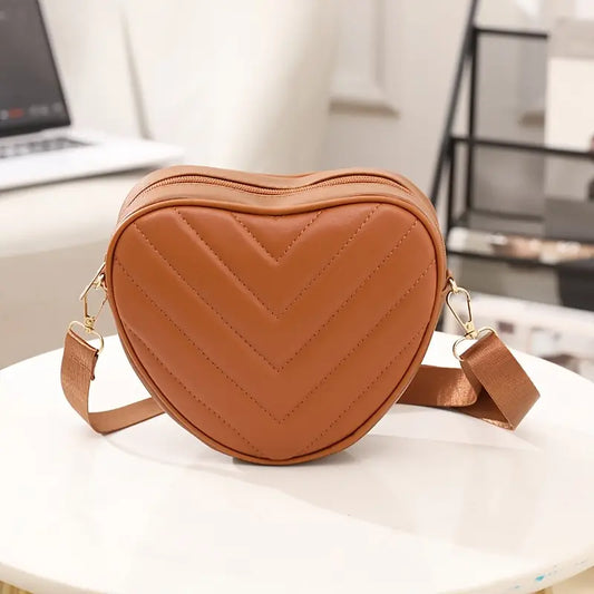 Brown Heart-Shaped Quilted Crossbody Bag